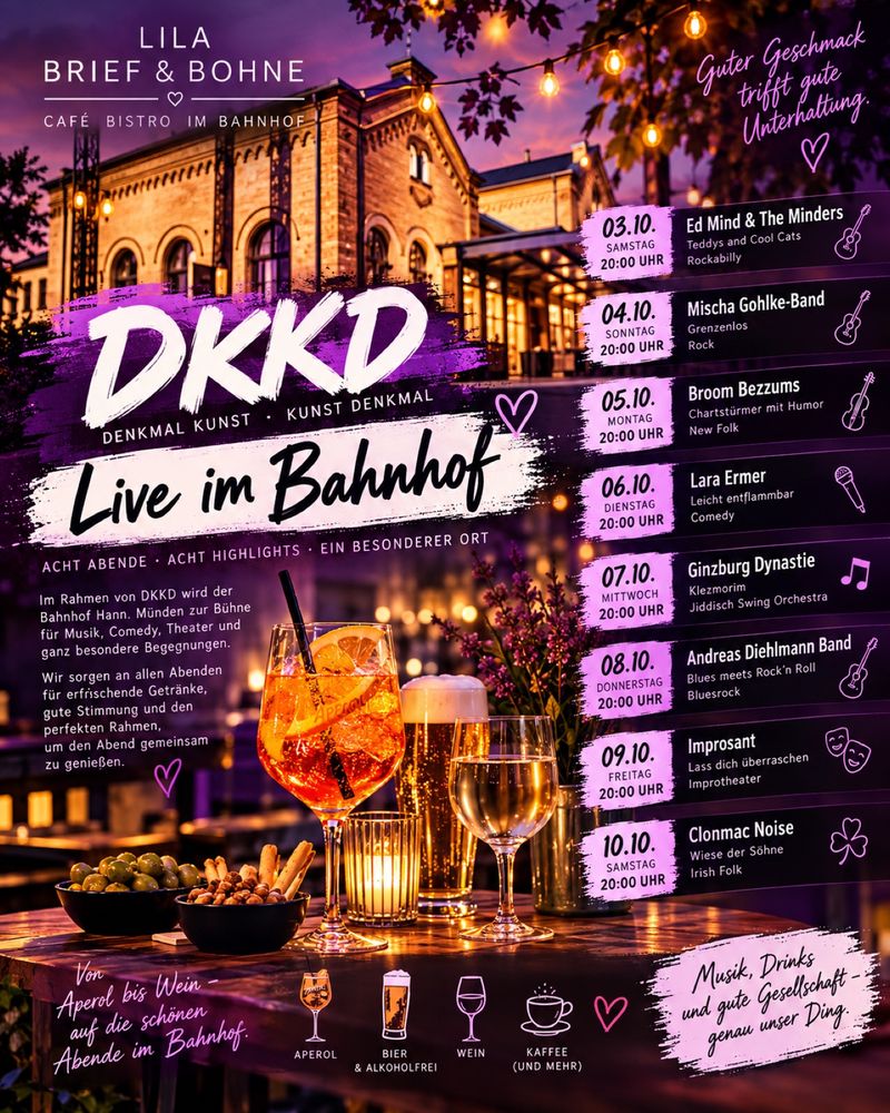 DKKD-Übersichtsplakat: acht Veranstaltungen im Bahnhof Hann. Münden vom 3. bis 10. Oktober 2026, jeweils 20 Uhr
