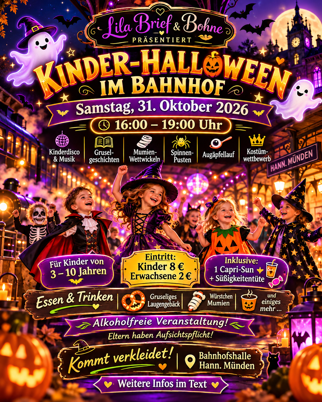 Kinder-Halloween im Bahnhof Hann. Münden am 31. Oktober 2026 von 16 bis 19 Uhr. Kinder 8 Euro, Erwachsene 2 Euro. Mit Kinderdisco, Spielen und Gruselgeschichten.