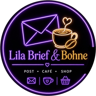 Neonlogo Lila Brief & Bohne mit Briefumschlag und Kaffeetasse